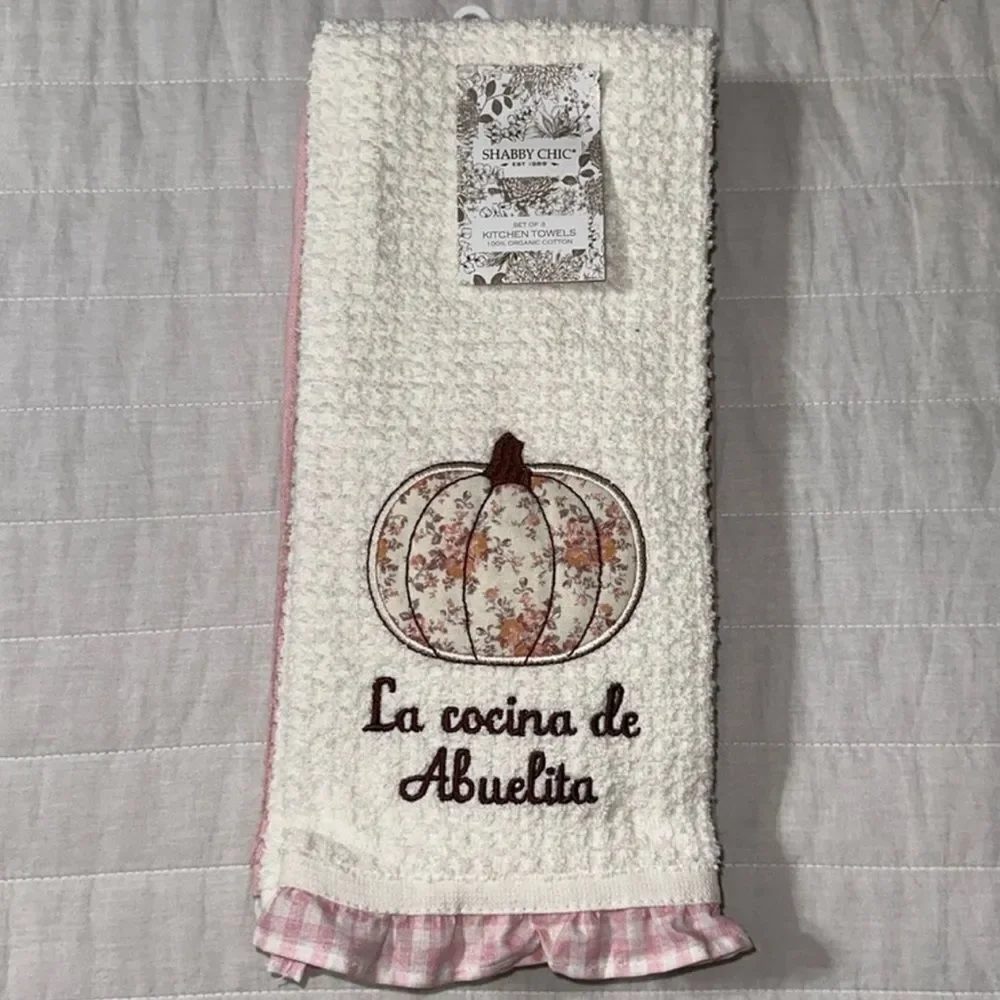 SHABBY CHIC White Pink Gingham Ivory Multi Quilted Pumpkin Ruffle Tea Towel Set
